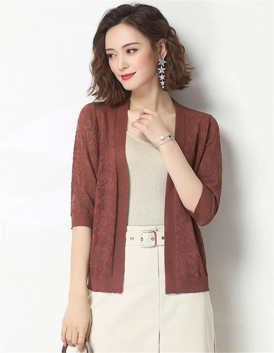 Fashion Thin Knitted Cardigan Summer Ice Silk Sun Protection Coat Women's Short Knit Sweater Fashion Hollow Out Shawl Jacket