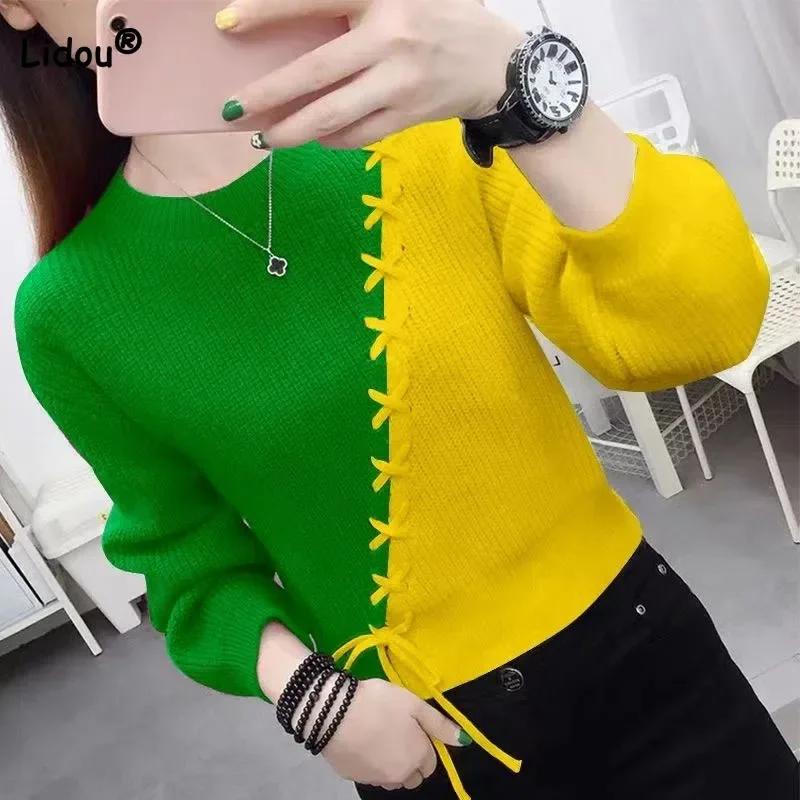 

Autumn Winter Fashion Trend Lace Up Spliced Round Neck Sweaters Clothing Korean Long Sleeve Contrast Color Knitted Tops C72