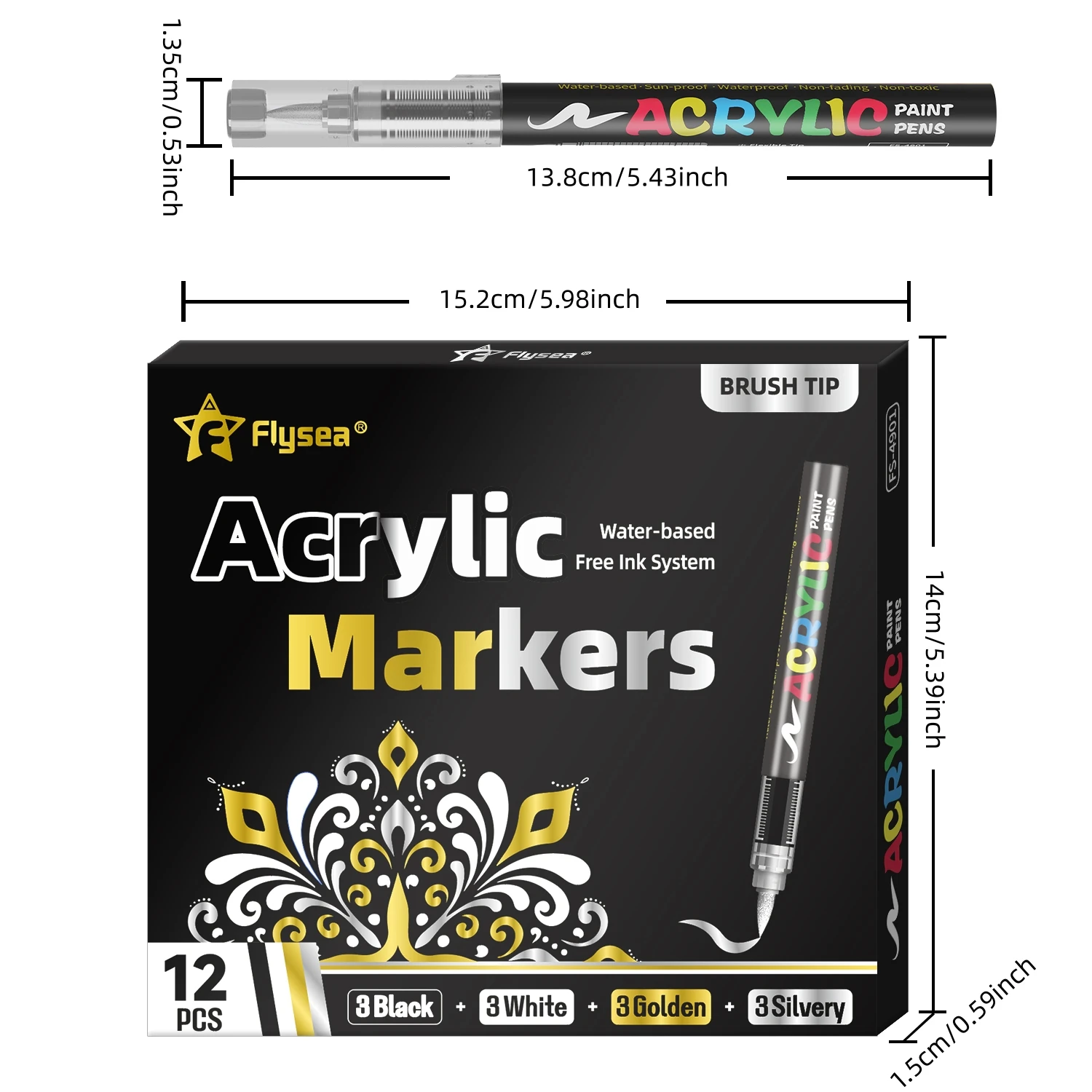12 Stück Farbstifte Acrylmarker - Schwarz, Weiß, Gold, Silber, Weiche Pinselspitze Wasserbasierte Markerstifte für Steinmalerei, Holz – Detail 2