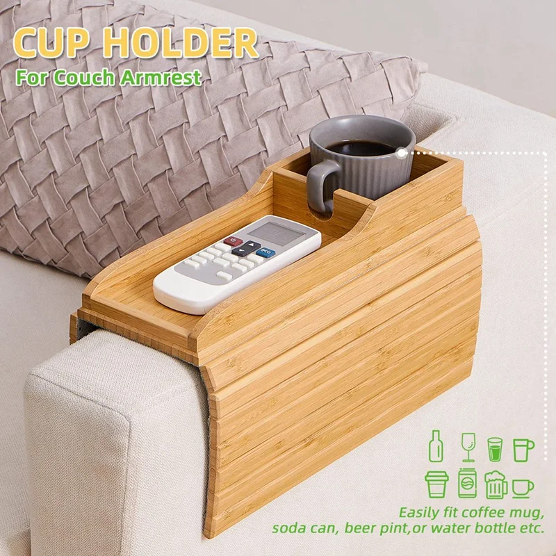 Couch Cup Holder, Couch Drink Holder, Natural Bamboo Sofa Cup Holder Armrest Tray, Portable Couch Arm Tray Table Durable 4