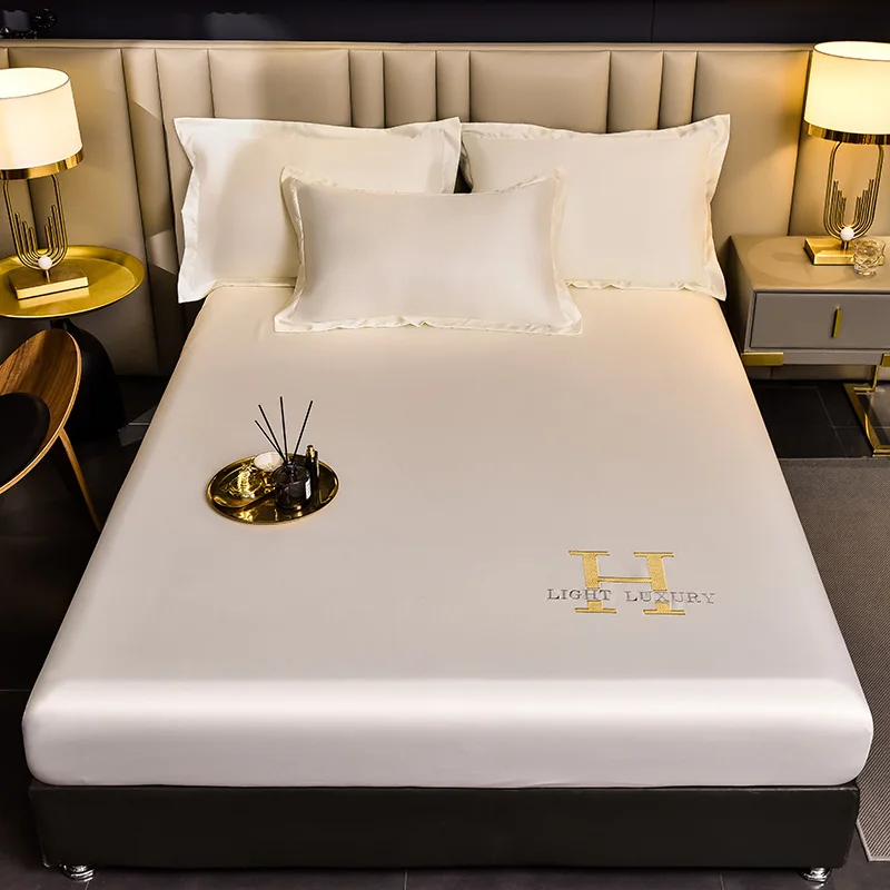 Luxury Ice Silk Fabrics Elastic Fitted Sheet Summer Solid Bedding Mattress Protector Cover Queen King Size Bed Sheet Set 4 Sizes