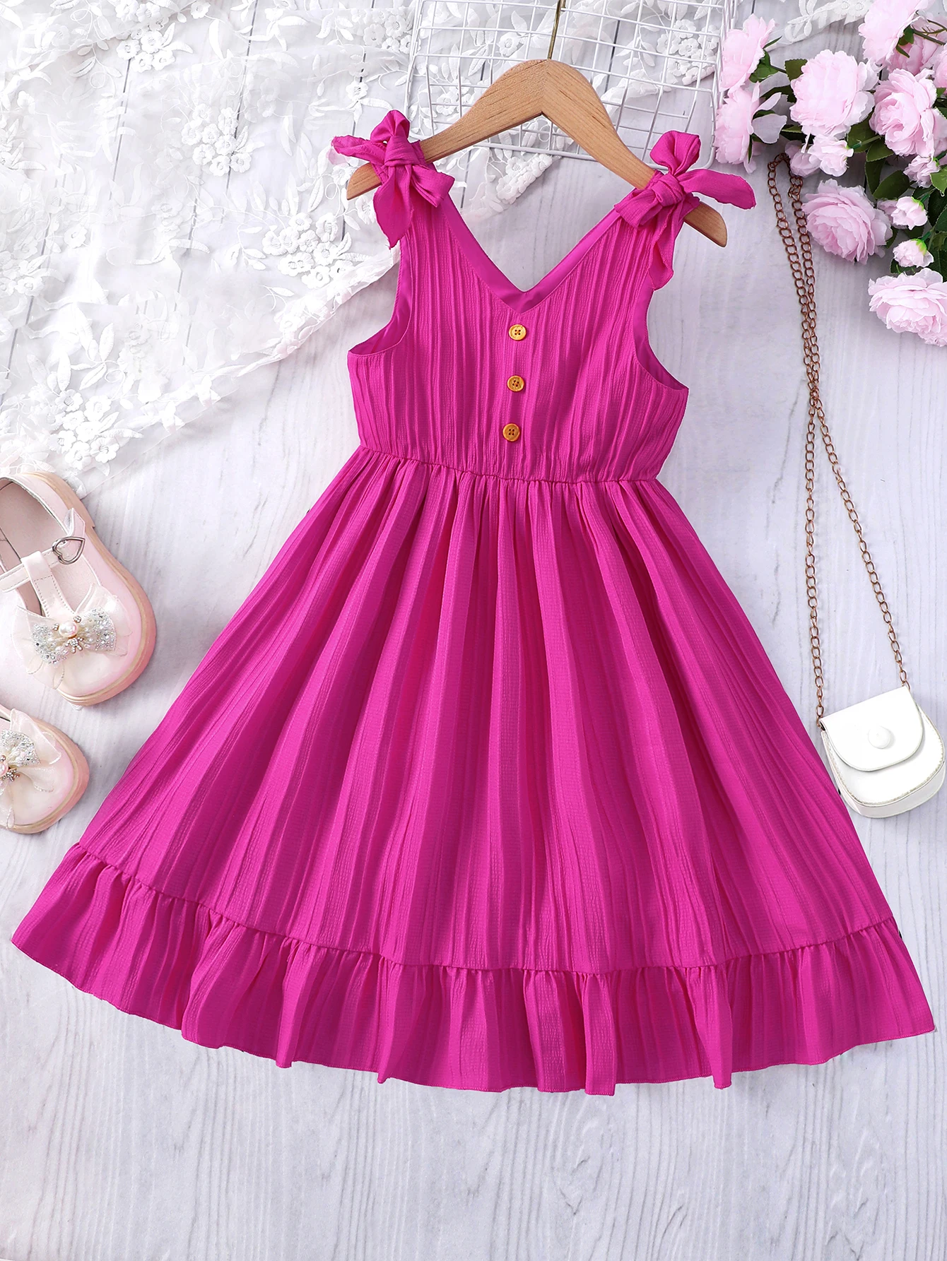 Vestido V-Neck Lazer infantil, Estilo férias, Romântico, Sweet Rose, Cor sólida, Meninas, Verão, Novo