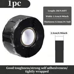 Durable Waterproof Self - Fusing Silicone Repair Tape - High Temperature Resistant and Leak - Proof Seal (Black 25mmx3m)