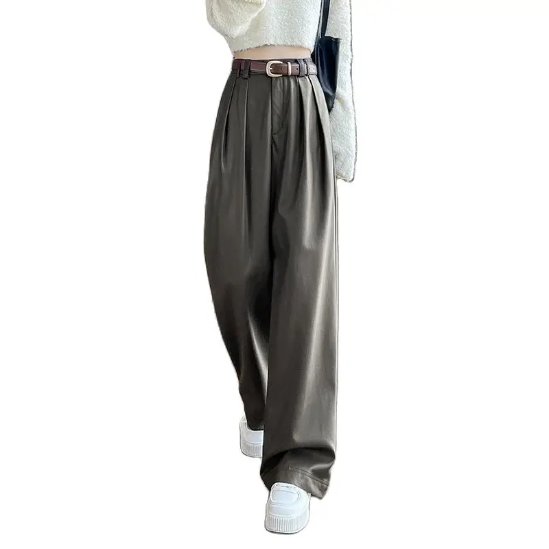 QOERLIN Women PU Leather Pants with Belt 2024 Fall Winter Velvet Wide Leg High Waist Trousers Loose Casual Elegant Pants Fashion