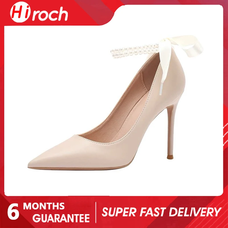 

HiRoch Women Stiletto Thin High Heel Pumps Pointed Toe Evening Party Shoes with Pearl Ribbon Spring Lady Heels Beige Color