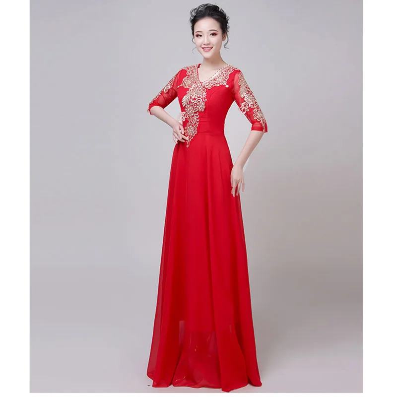 Embroidery Dress Female adult college choir conductor long Dress Solo Dress Middle-Aged and Elderly Female Clothing Dresses Red