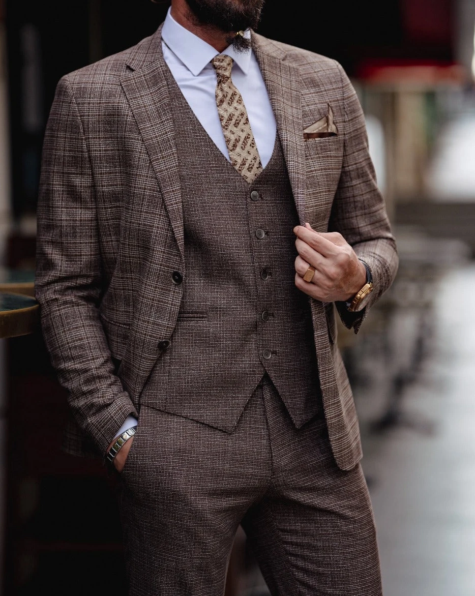 Checkered Pinstripe Men's Suit 3 Pieces Blazer Pants Single Business Formal Work Wear Wedding Groom Plus Size Costume Homme
