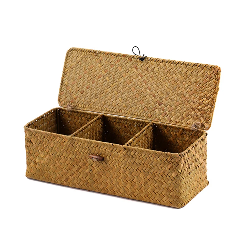 1pc 3 Grid Handwoven Straw Storage Basket, Rattan Divider Storage Box,  Sundries Organizer Baskets With Lid Jewelry Storag Case, Home Decor,  Christmas