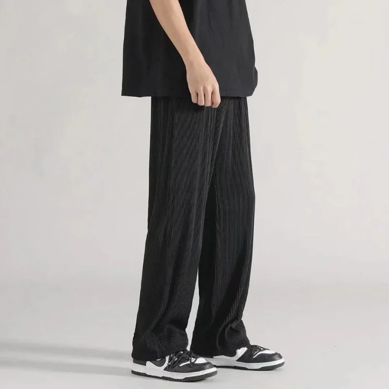 

Summer Wide-leg Ice Silk Men's Solid Color Thin Striped Straight-leg Drape Elastic Casual Pants Loose Sports Trousers H04