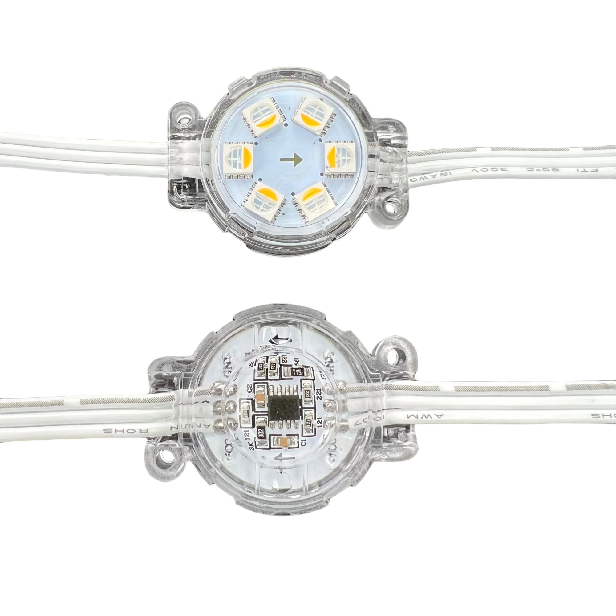 RGBW IC 주소 지정 가능 영구 LED 픽셀 포인트 퍽 라이트, 백색 와이어 간격, 스트링 당 5 픽셀, DC24V, 30mm 개방 구멍, IP68, 20cm