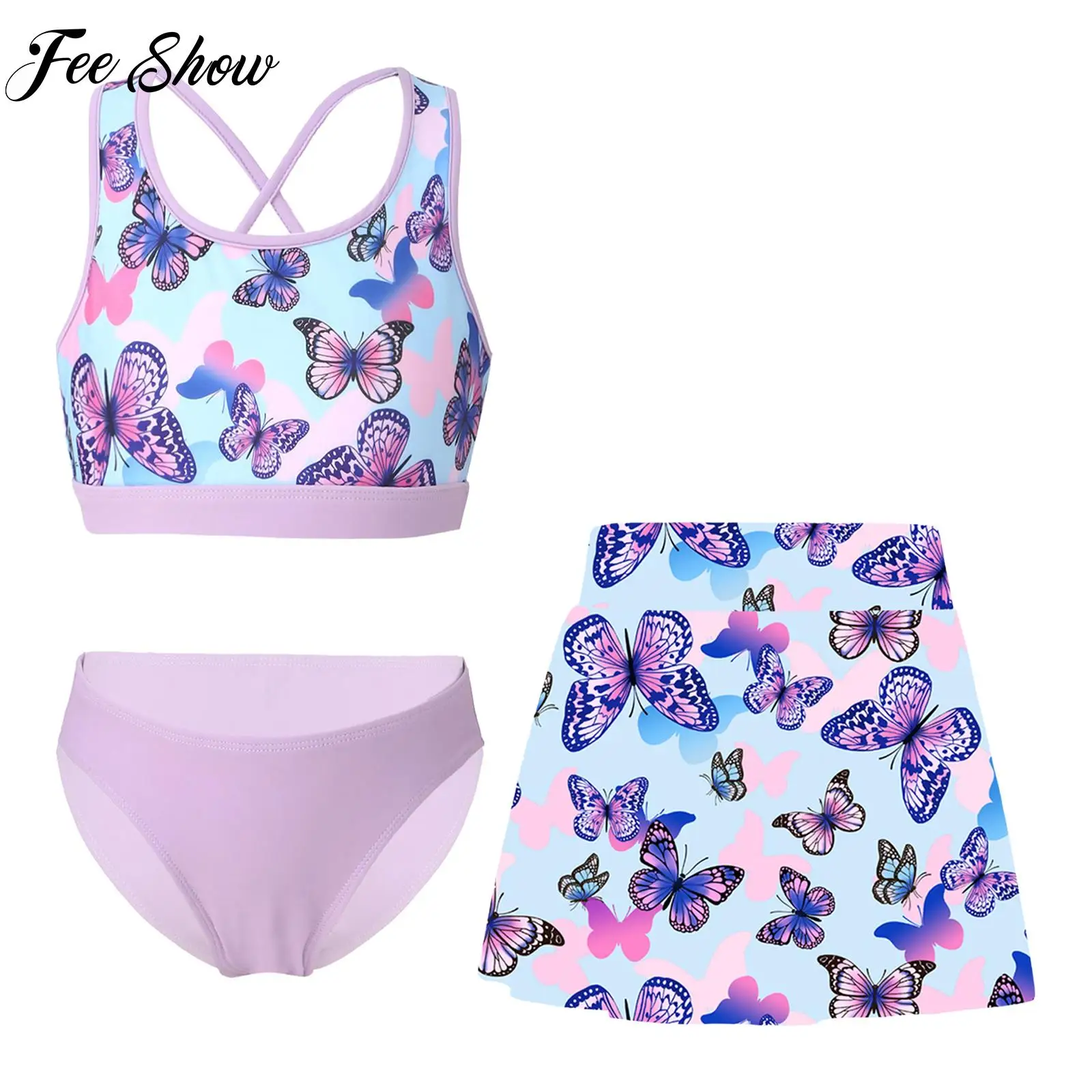 

Kids Girls Printed Swimwear Set Back Crop Top with Elastic Waistband Skirt And Briefs for Beach Pool Bathing Swimming Holiday
