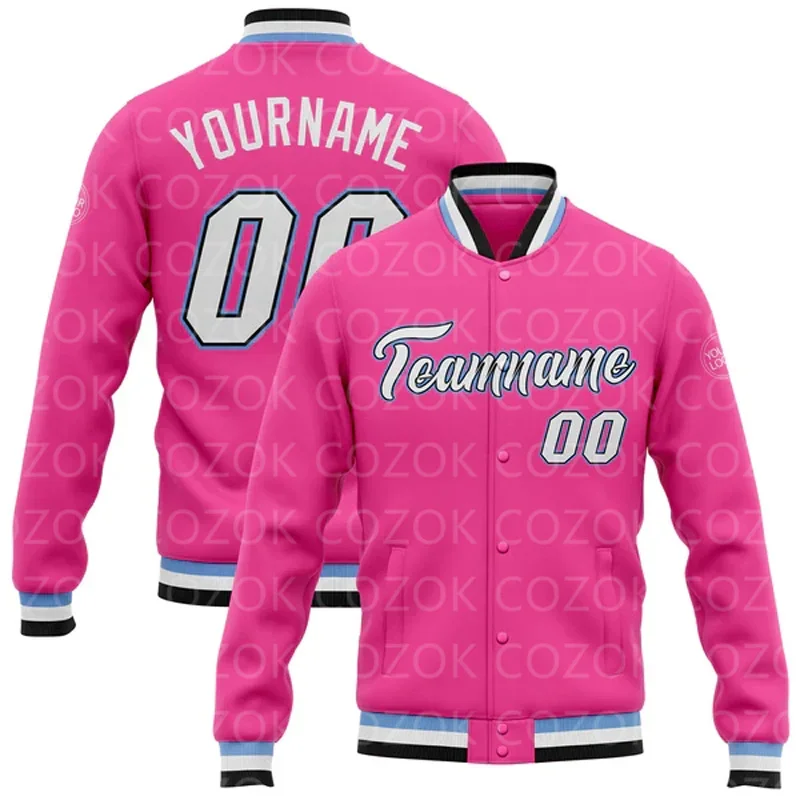 Custom Pink Color 3D Printed Baseball Button Jacket Bomber Full-Snap Varsity Letterman Jacket