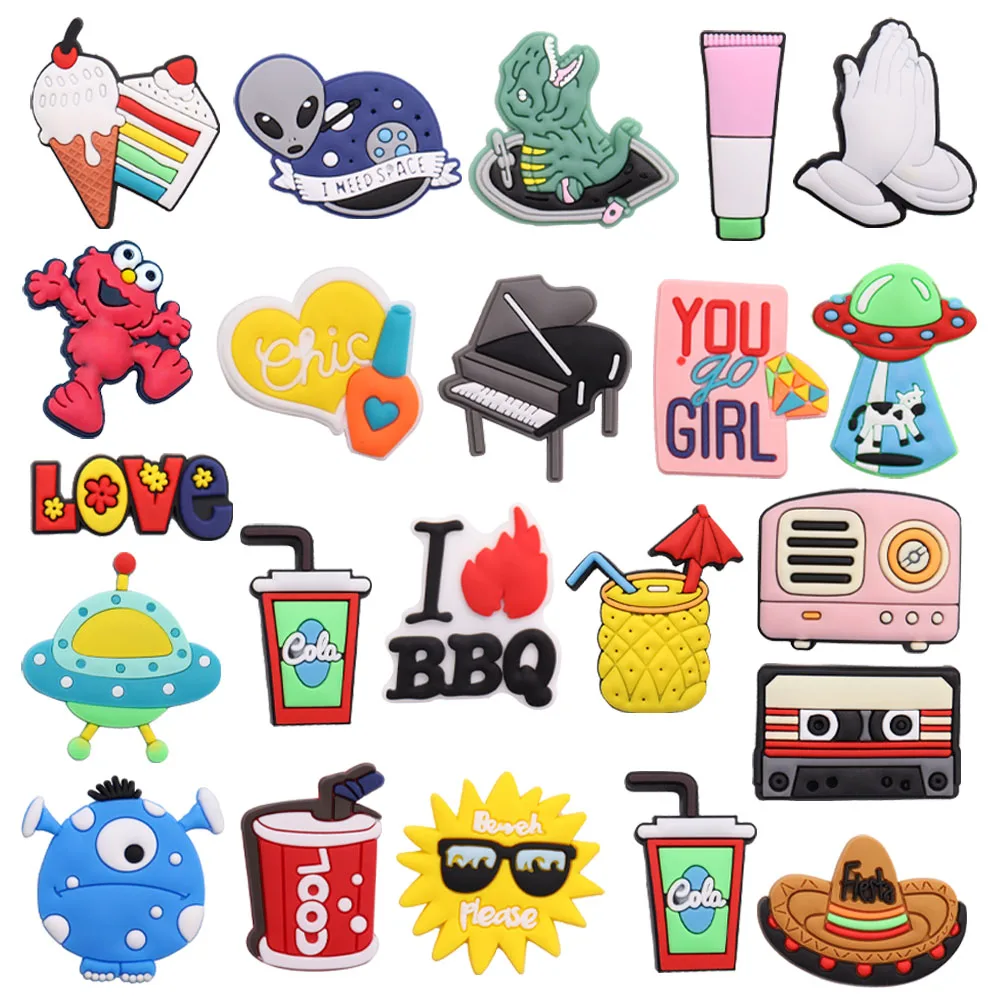 

Wholesale 50Pcs Piano Sun Dinosaur Love Hat Croc Charm I Need Space Boys Girls Shoe Buckle Accessories DIY Wristband Jibz