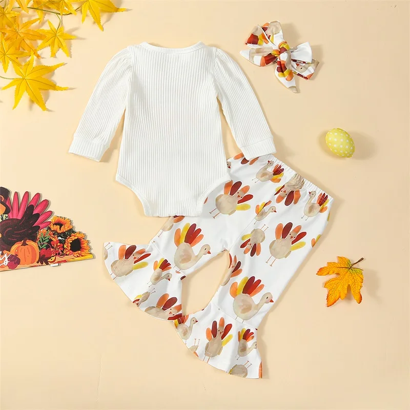 

Baby Girls Fall Outfit Long Sleeve Letters Print Romper with Turkey Print Flare Pants and Headband Thanksgiving Clothes