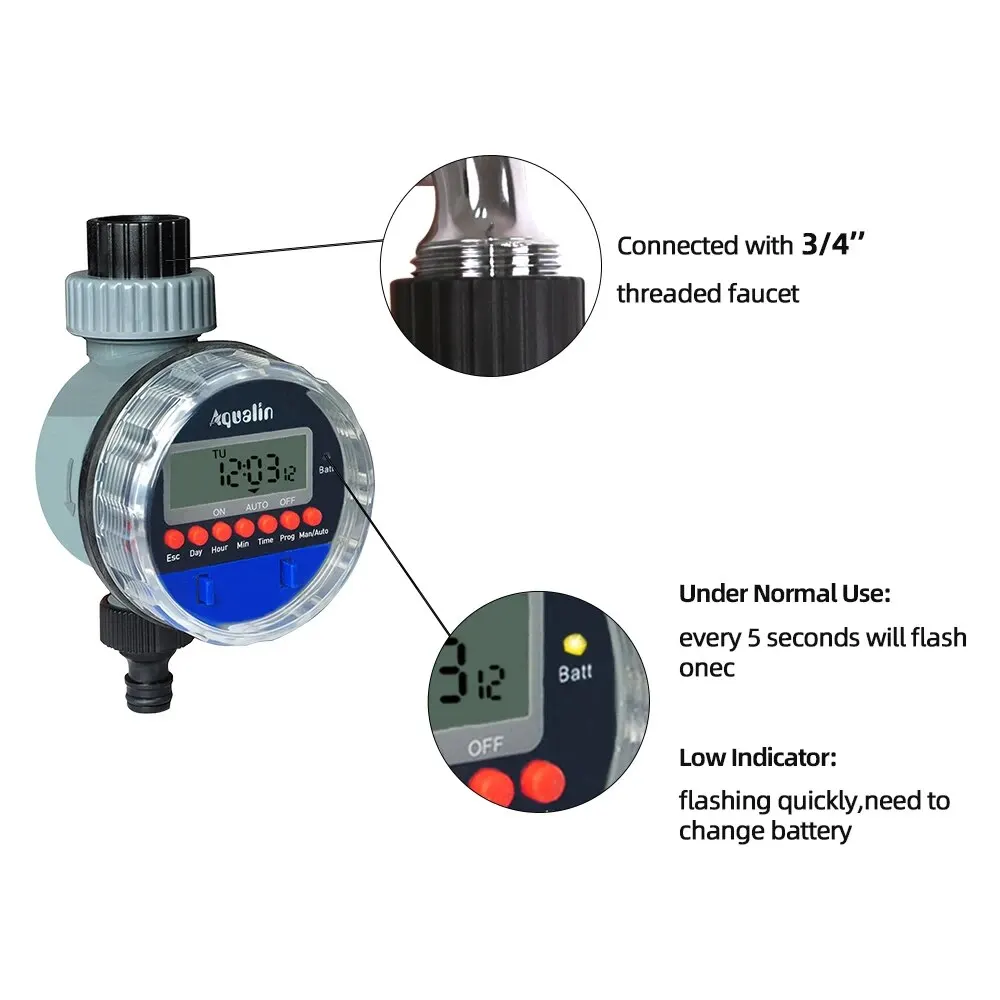 Aqualin Automatic Garden Ball Valve LCD Display Water Timer Home Waterproof Irrigation Controller with Rain Sensor Hole