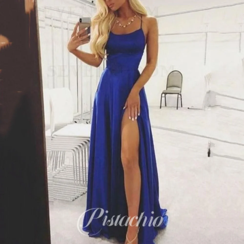 

Sexy Party Dress For Women Scoop Collar A Line Evening Gowns Spaghetti Straps Floor Length Split Prom Dresses فساتين سهرة