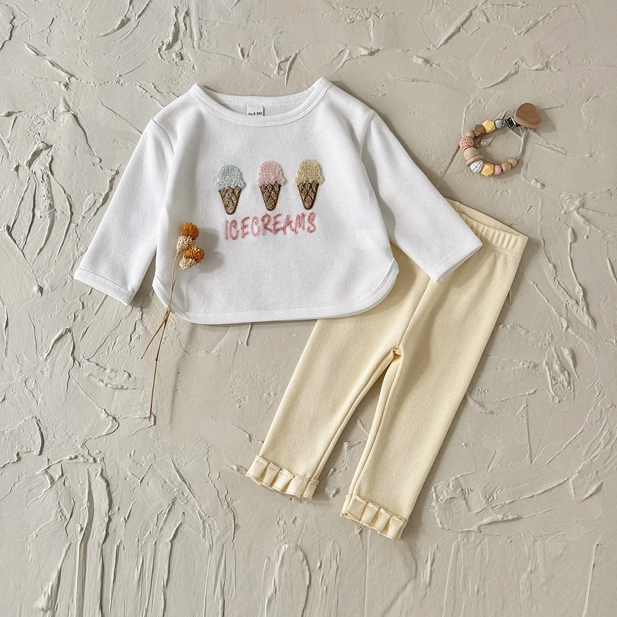 Herbst Kleinkind Mädchen Outfit Dreiteiliges Süßes Patchwork Langarm-Sweatshirt Elastische Taille Hose Frühling Baby-Sets – Detail 2