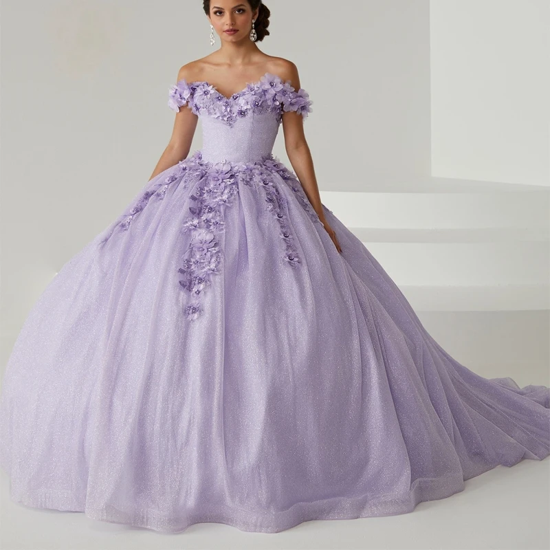 

Lavender Quinceanera Dresses Ball Gown Off Shoulder 3DFlower Beading Sweet 16 Dress Birthday Party Dress Vestidos De 15 Años