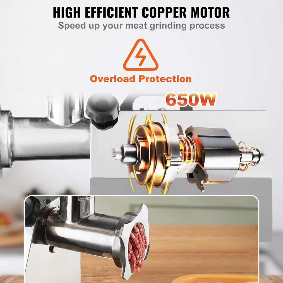 TC8-2 Electric Meat Grinder 70kg/h 650W Meat Mincer Stainless Steel Commercial Meat Grinder with Grinding Plates,Blades 5
