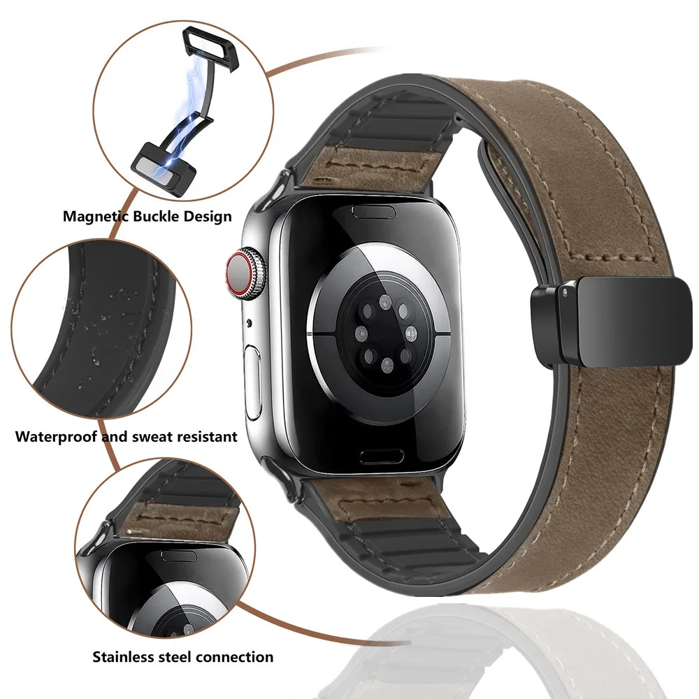 Magnetic Leather & Silicone Apple Watch Bracelet Band
