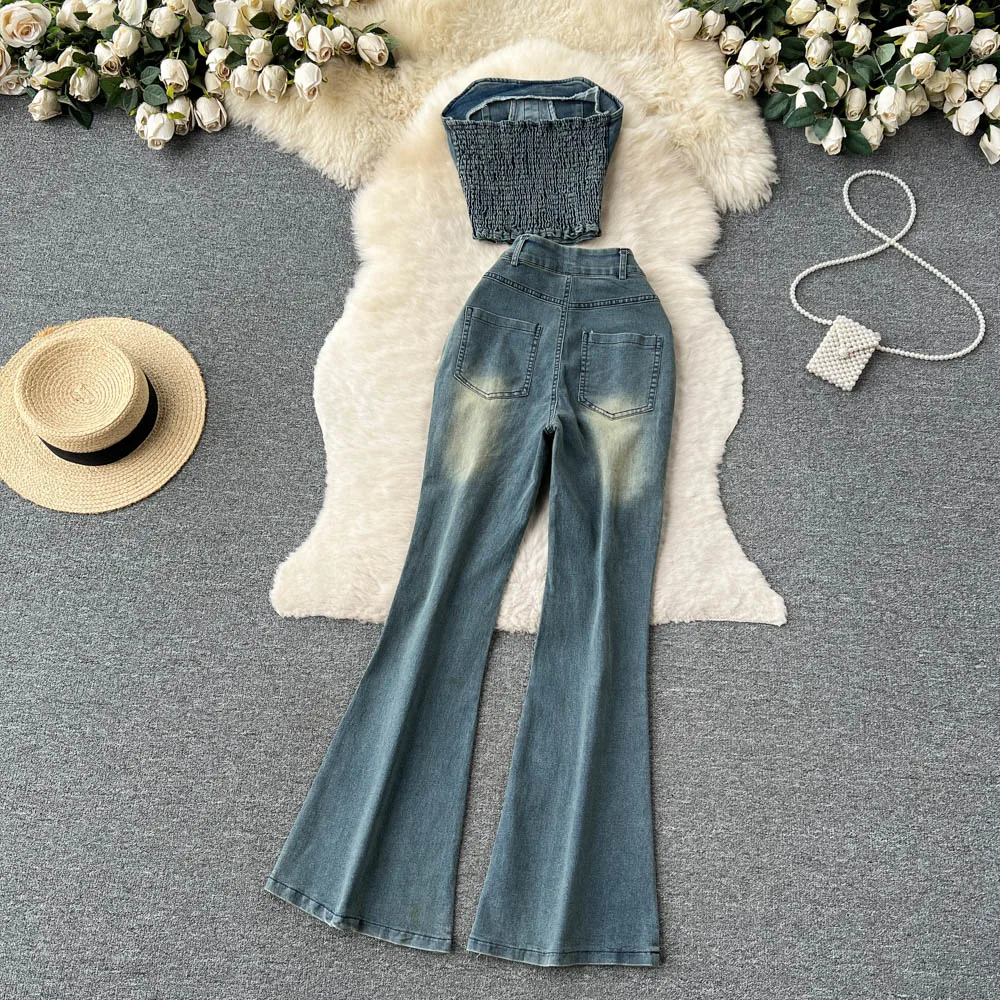 

Women Jeans Pants Sets Spice Girl Sleeveless Strapless Tops + High Waist Micro Speaker Denim Trousers Women 2pcs Suits