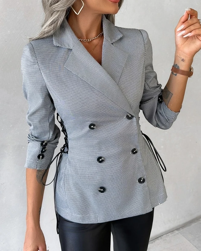 Summer New Elegant Temperament Commuting Fashion Casual Slimming Plaid Print Tied Detail Double Breasted Blazer Coat for Women