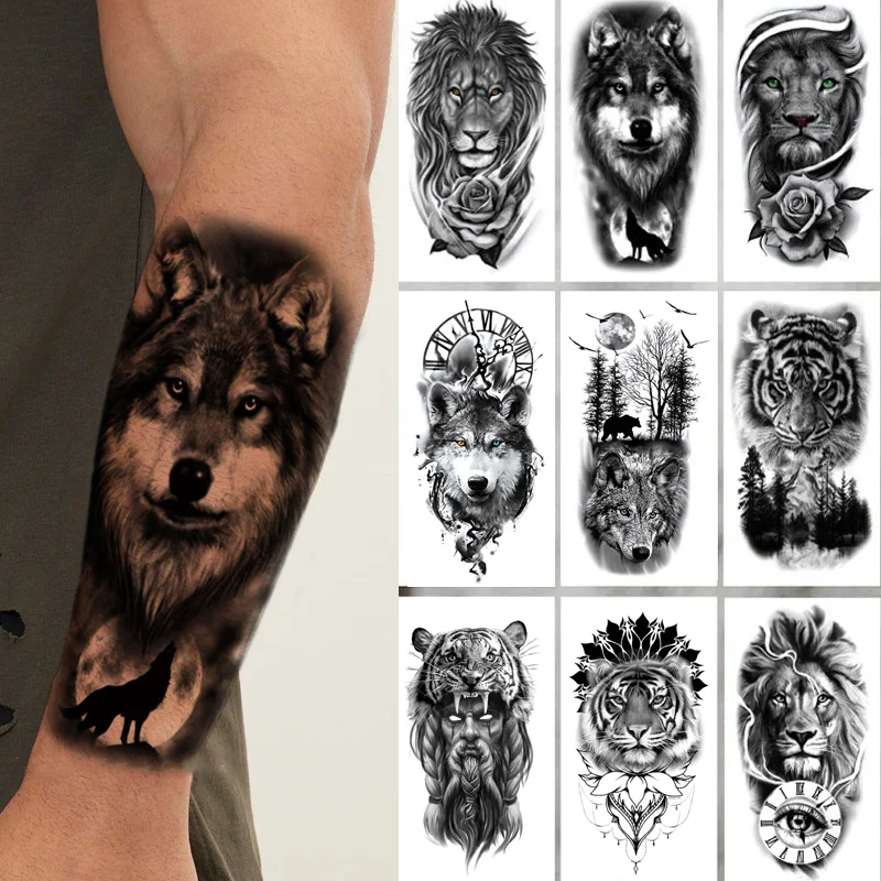 

Black Forest Animal Temporary Tattoos for Men Wolf Tattoo Stickers Tiger Skull Skeleton Fake Tattoo for Women Arm Sleave