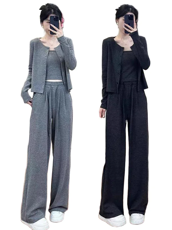 여성 스트랩 가디건 세트 고급 한국 스타일 가을 신상 패션 긴팔 스퀘어 칼라 슬림핏 3피스