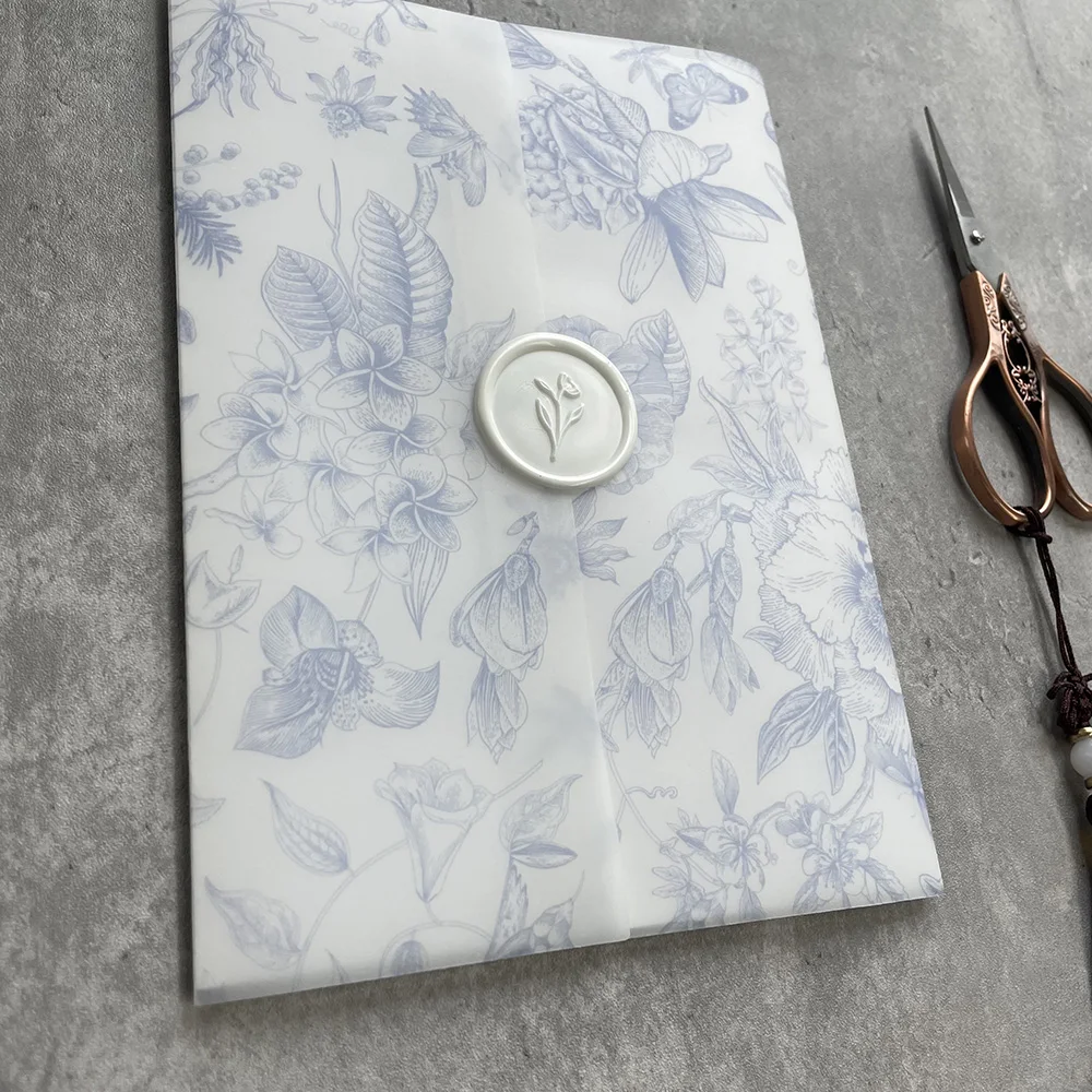 Blue green or pink flower Vellum Wrap suitable for a 5 x 7 Wedding Invitation