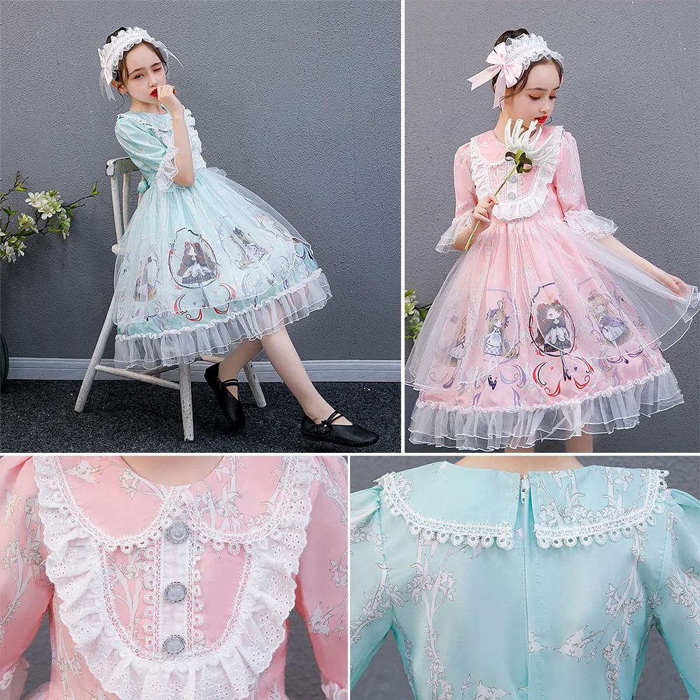 Spring Summer Princess Girl Lolita Dress Kawaii Lace Soft Girly Baby Doll Dresses Wedding Party Birthday Teenager Costume 3-12 Y