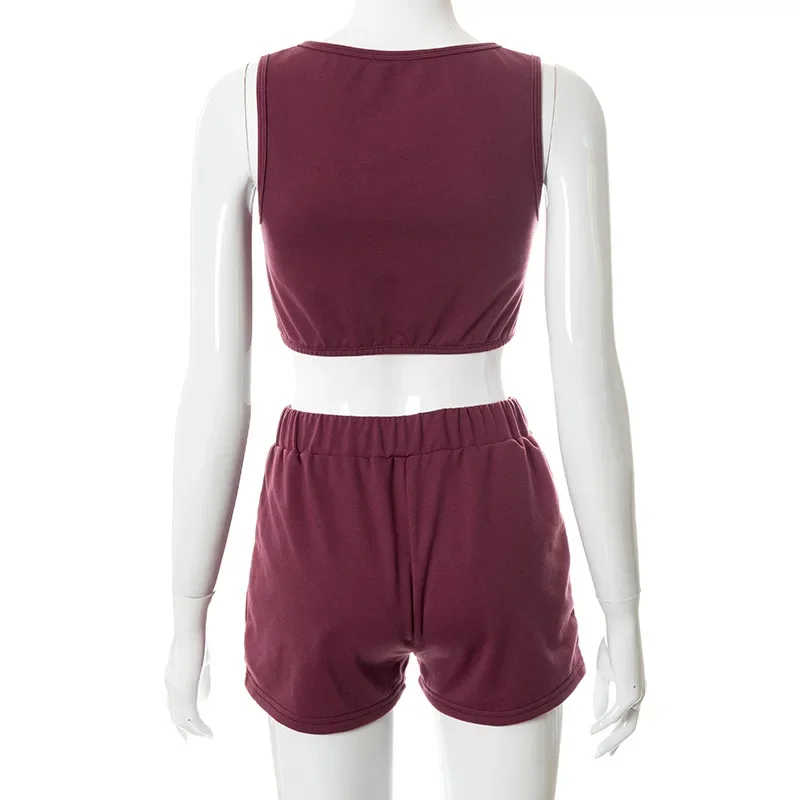 Women U-Neck Sleeveless Vest Solid Color High Waist Slim Shorts Two Piece Set Wine Red Streetwear Summer Casual Sport Shorts Set