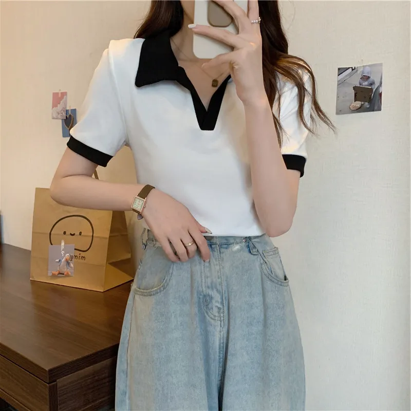 Summer Color matching Women t shirt harajuku short sleeve black white T-Shirts Korean casual slim Female Basic y2k Tees crop top