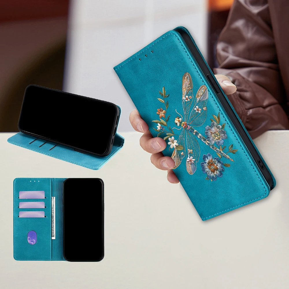 Dragonfly Flower Pattern Leather Flip Cover