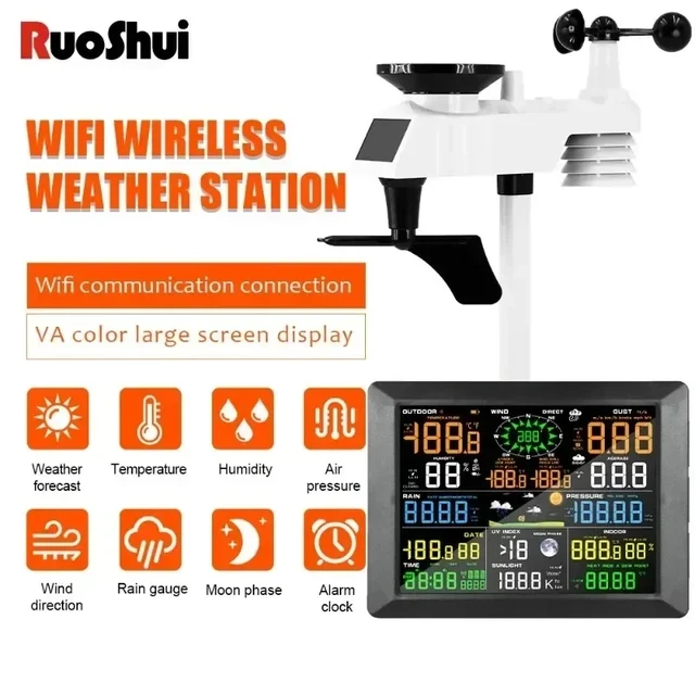 WiFi Weather Station, 10.2 inch Large Display Wireless Weather Station, Weather Stations Wireless Indoor Outdoor with Rain Gauge and Wind Speed