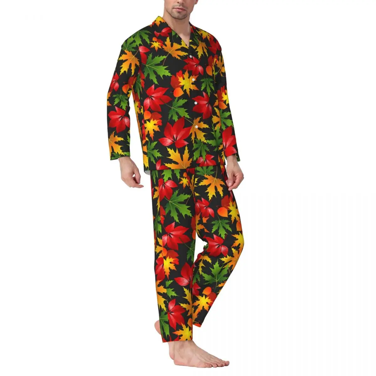 

Maple Leaf Pajamas Man Colorful Print Fashion Daily Sleepwear Spring 2 Pieces Vintage Oversized Custom Pajama Set