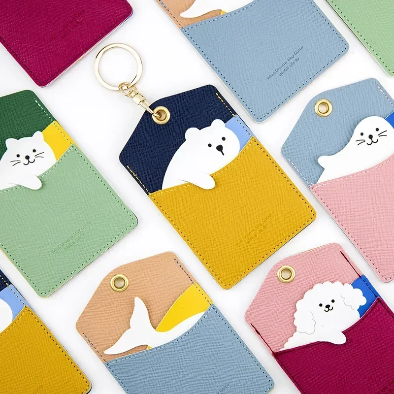 

High Quality Credit Card ID Badge Holder Cute Cartoon Leather Bear Pass Case Cover Card Case Key Holder Ring Luggage Tag Trinket