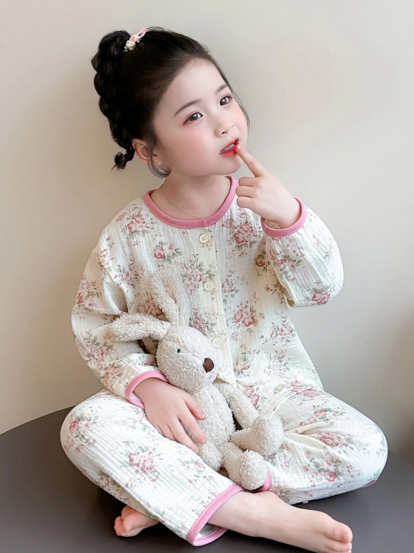 여아 면 잠옷 봄 가을 A급 순면 거즈 아동 홈웨어 여름 에어컨 수트 한국 스타..