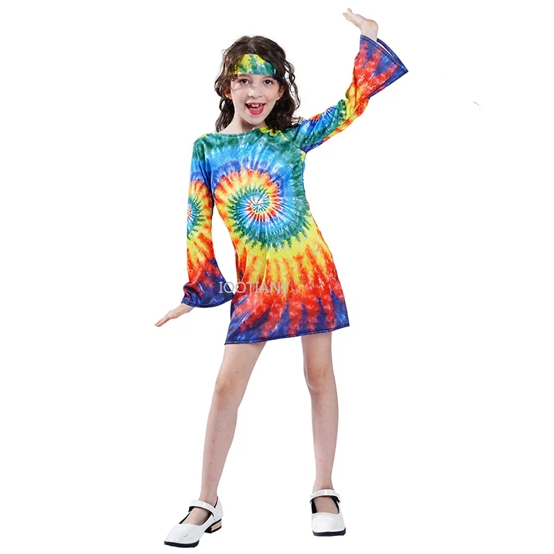 

American Vintage Role Play Party Dress Little Girl Child Rainbow Hippy Costume Kid Halloween 60s 70s Stage Performance Costumes