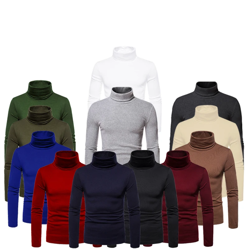 Fashion Men's Casual Slim Fit Basic Turtleneck High Collar Pullover Male Autumn Spring Thin Tops Basic Bottoming Plain T-shirt 5