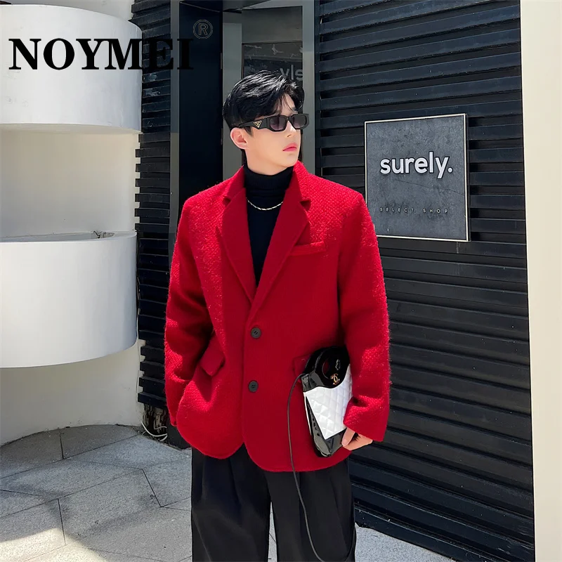 

NOYMEI Festive Red Woolen Suit Jacket Fashionable Korean Style 2024 Autumn Lapel Coat All-match Trendy Male Blazer Chic WA3116