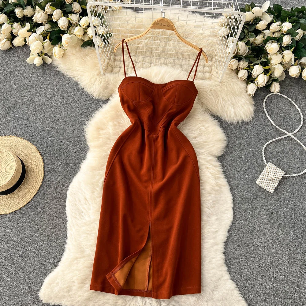 

Sexy Summer Women Party Dress Elegant Spaghetti Strap Sleeveless Slim High Waist Front Split Evening Club Dress Fashion Outfits