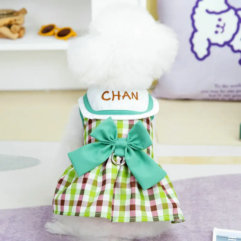 

Puppy Princess Dress 2023 Summer Cat Fashion Plaid Skirt Small Dog Cute Bowknot Vest Pet Sweet Harness Poodle Maltese Yorkie