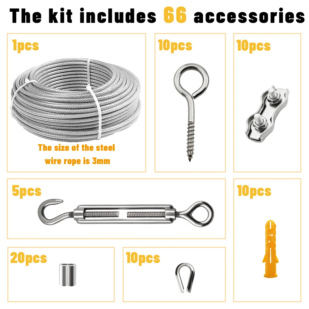 Stainless Steel Wire Rope Stainless Steel Cable Rope 15/30/50M PVC Coated Guardrail Safety Rope Clothesline Canopy Suspension 3mm 66 Piece Set