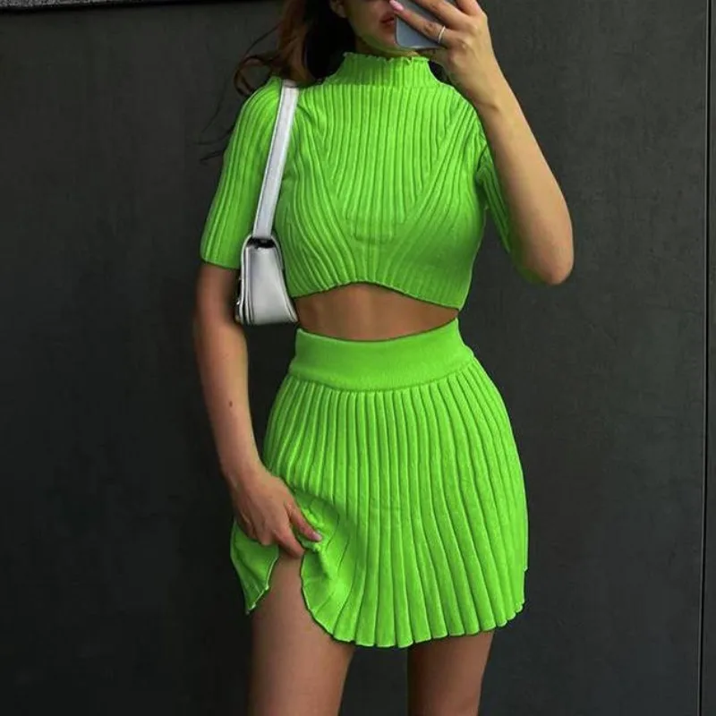 Summer New Women's Fashion Sexy Slim Short Sleeve Top & Knitted Pleated Skirt Set Temperament Commuting Female 2PCS Tops Sets 2pcs women cheerleading uniforms cheers 666 printed sleeveless crop top mini pleated skirt set adults cheerleading costume