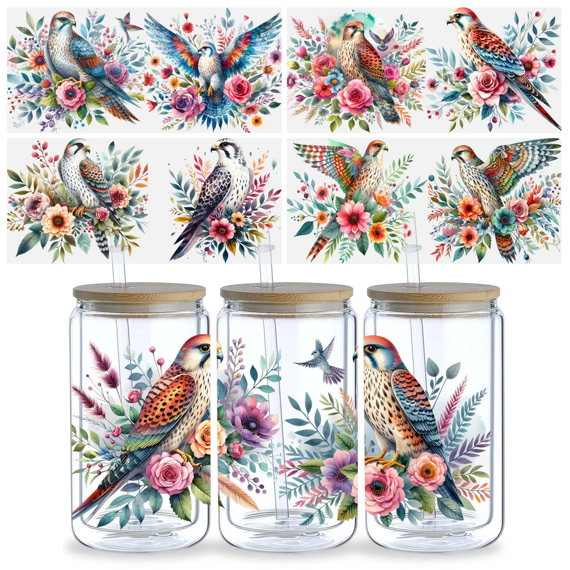 Falcon UV DTF Glass Cup Packaging Transfer Stickers Wipe-On Stickers 5 Sheets for 16 Ounces Glass