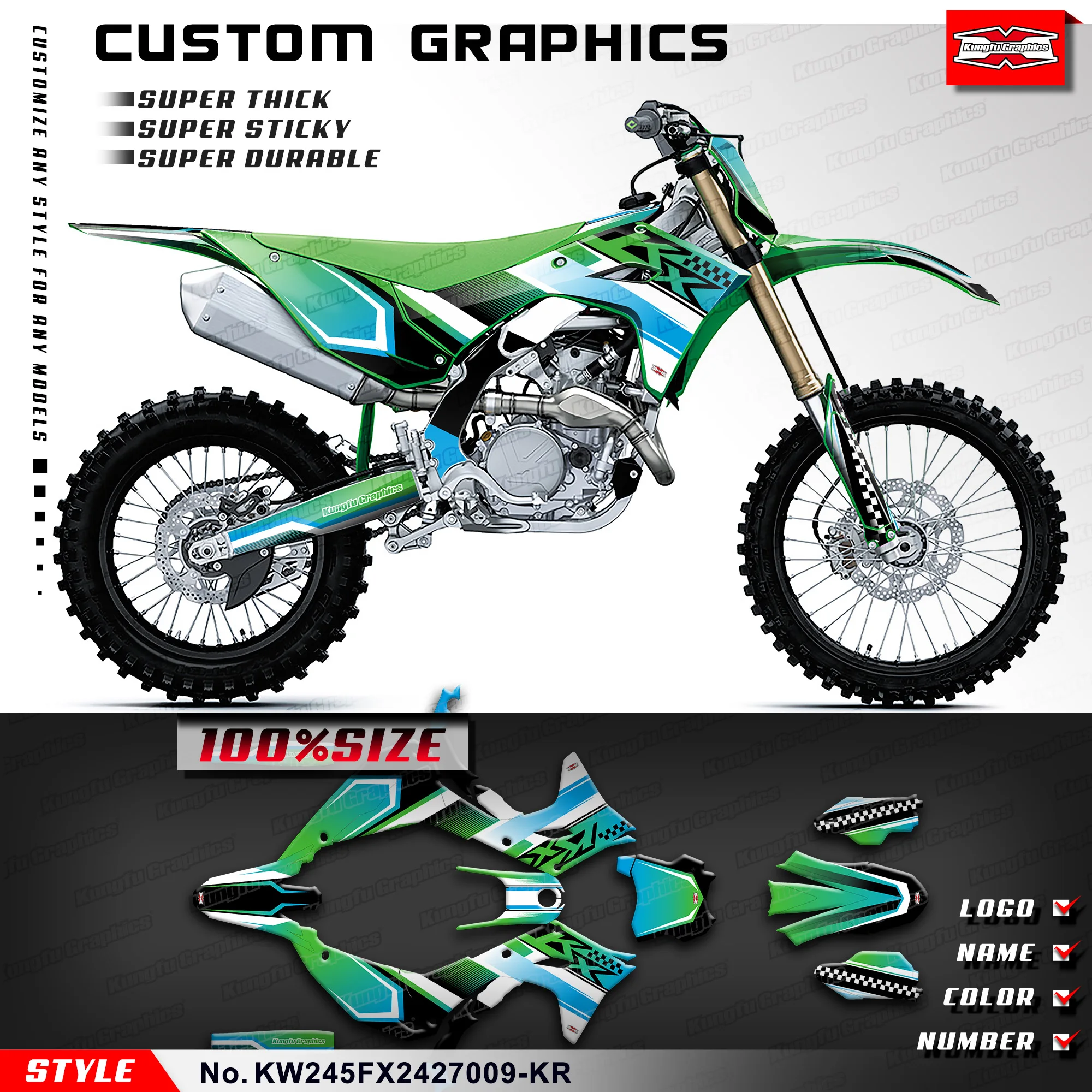 

KUNGFU GRAPHICS Adhesive Sticker UV-resistant Vinyl for Kawasaki KX450 KX450X KX450F 2024, KW245FX2427009-KR