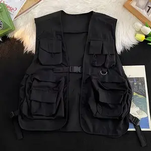 Men Vest Hip Hop Style Unisex Cargo Vest with Multi Pockets Buckle Closure Streetwear Waistcoat for Men Women Men Vest Jacket