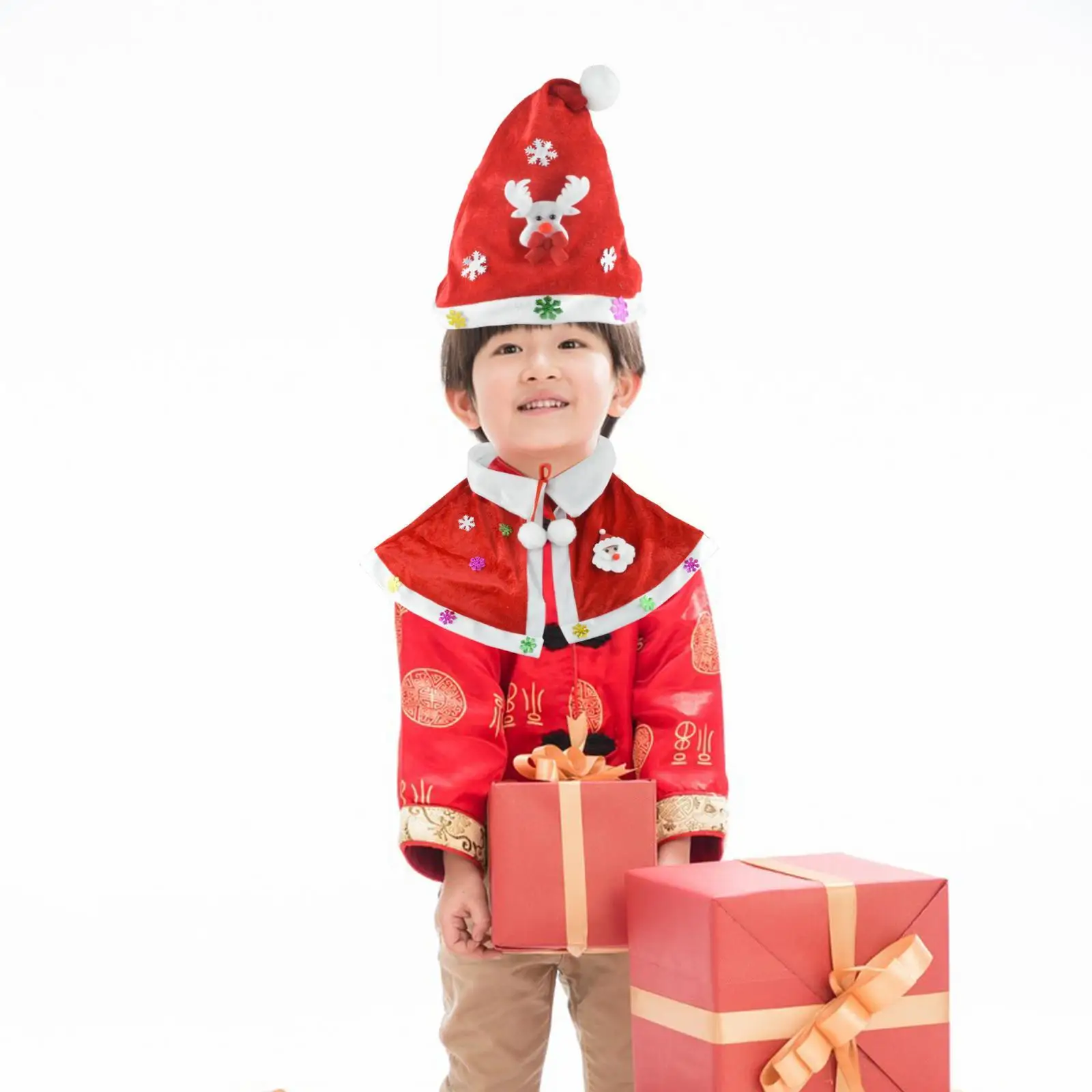 

Red Velvet Cape Cloak Christmas Costume Cloak Plush Balls Lace up Children Christmas Shawl with Hat for Party Xmas Stage Show