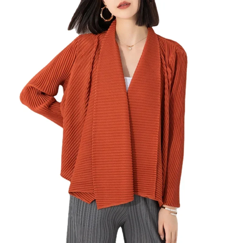 Miyake Pleated Coat Women's Solid Color Fashionable Unbuttoned Large Lapel Irregular Short High-end Top 2023 Autumn New Cardigan