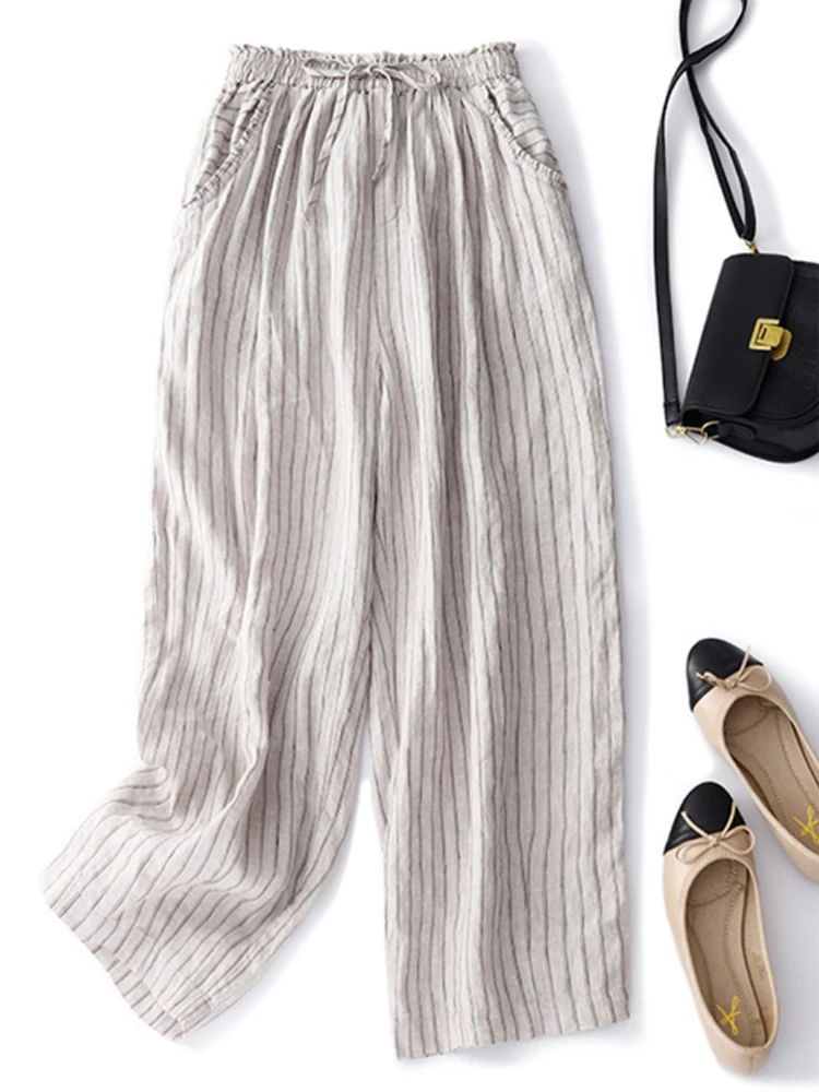 

Cotton Linen Wide Leg Pants 2023 New Summer Retro Casual Loose Draped Stripe Harem Pants Lace Up Oversized Trousers
